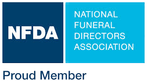The logo for the national funeral directors association is blue and white.