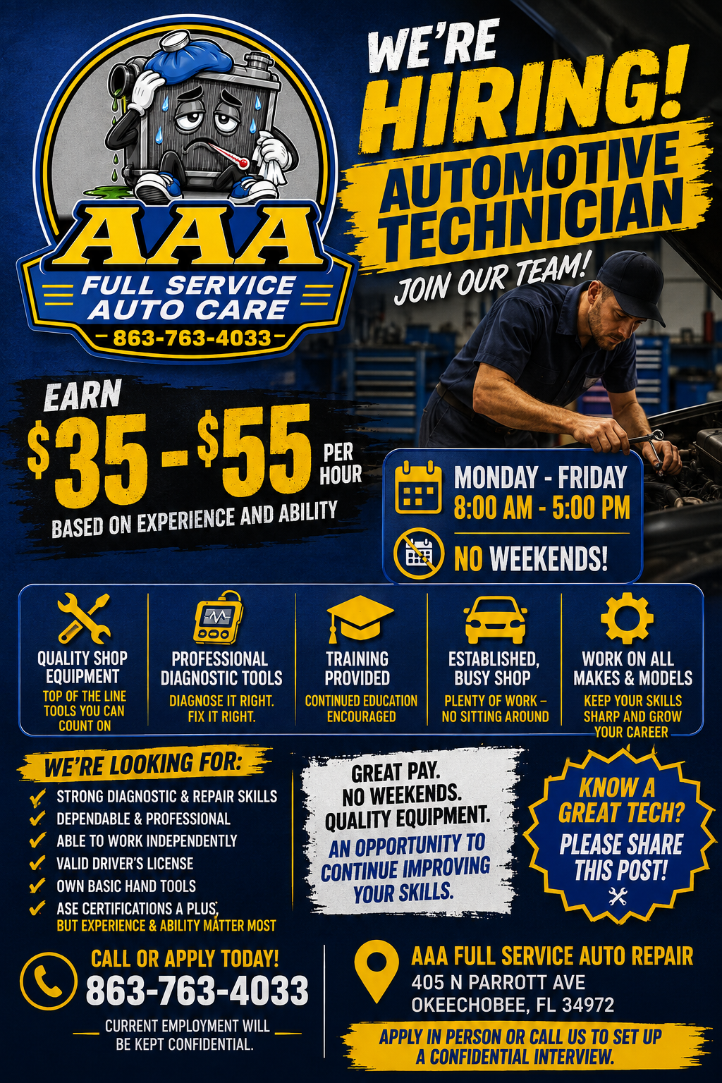 AAA Auto Care hiring poster with blue background, yellow text, services, hours, and $35–$55 per hour pay range