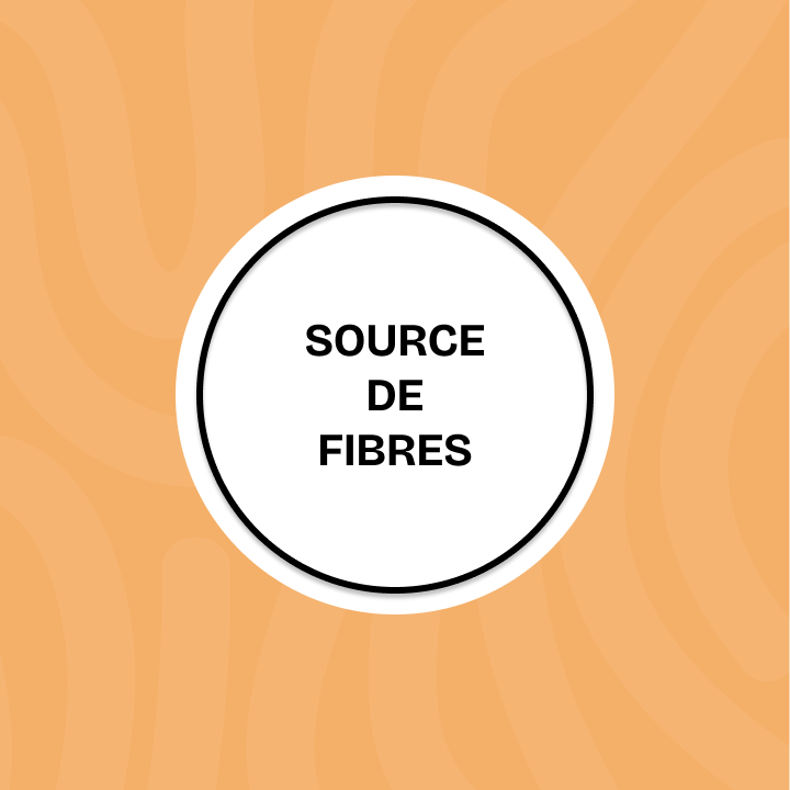 Un badge circulaire blanc sur un fond orange à motifs ondulés, contenant le texte noir « SOURCE DE FIBRES ».