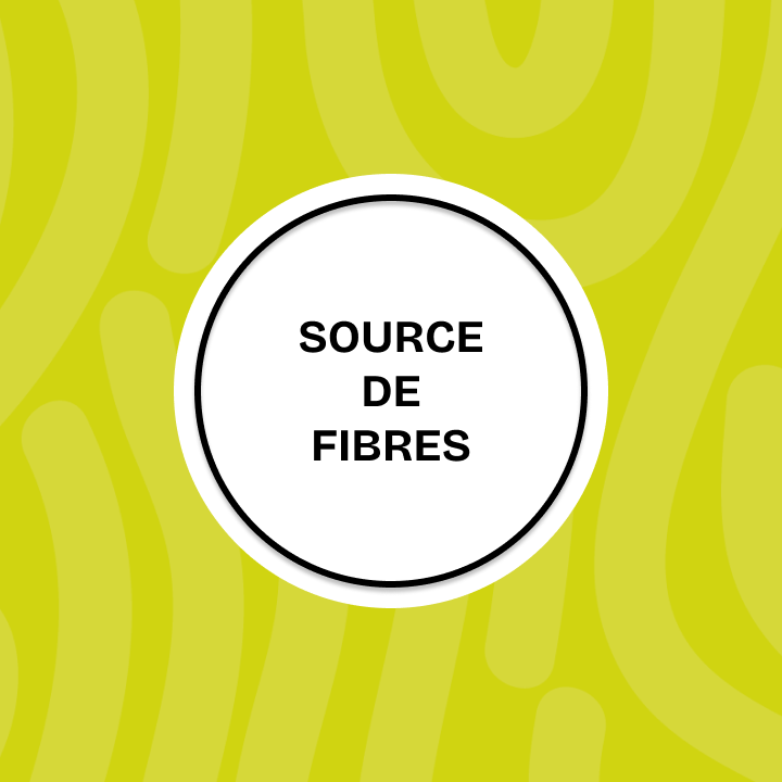 Un cercle blanc sur fond vert citron avec le texte « SOURCE DE FIBRES » écrit en lettres capitales noires.