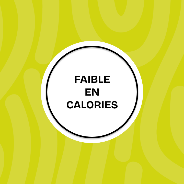 Une étiquette circulaire blanche sur fond vert citron avec le texte français « FAIBLE EN CALORIES ».