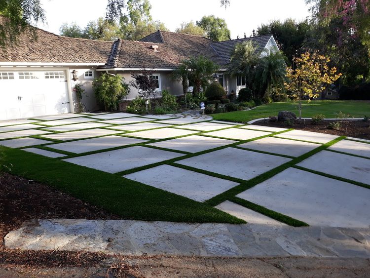 Imagine driving onto this beautiful driveway! driveway with artificial turf and pavers in Hacienda Heights