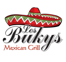 Los Bukys Mexican Grill logo with a red-and-green sombrero above stylized black and orange text