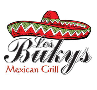 Los Bukys Mexican Grill logo with a red sombrero and black script text