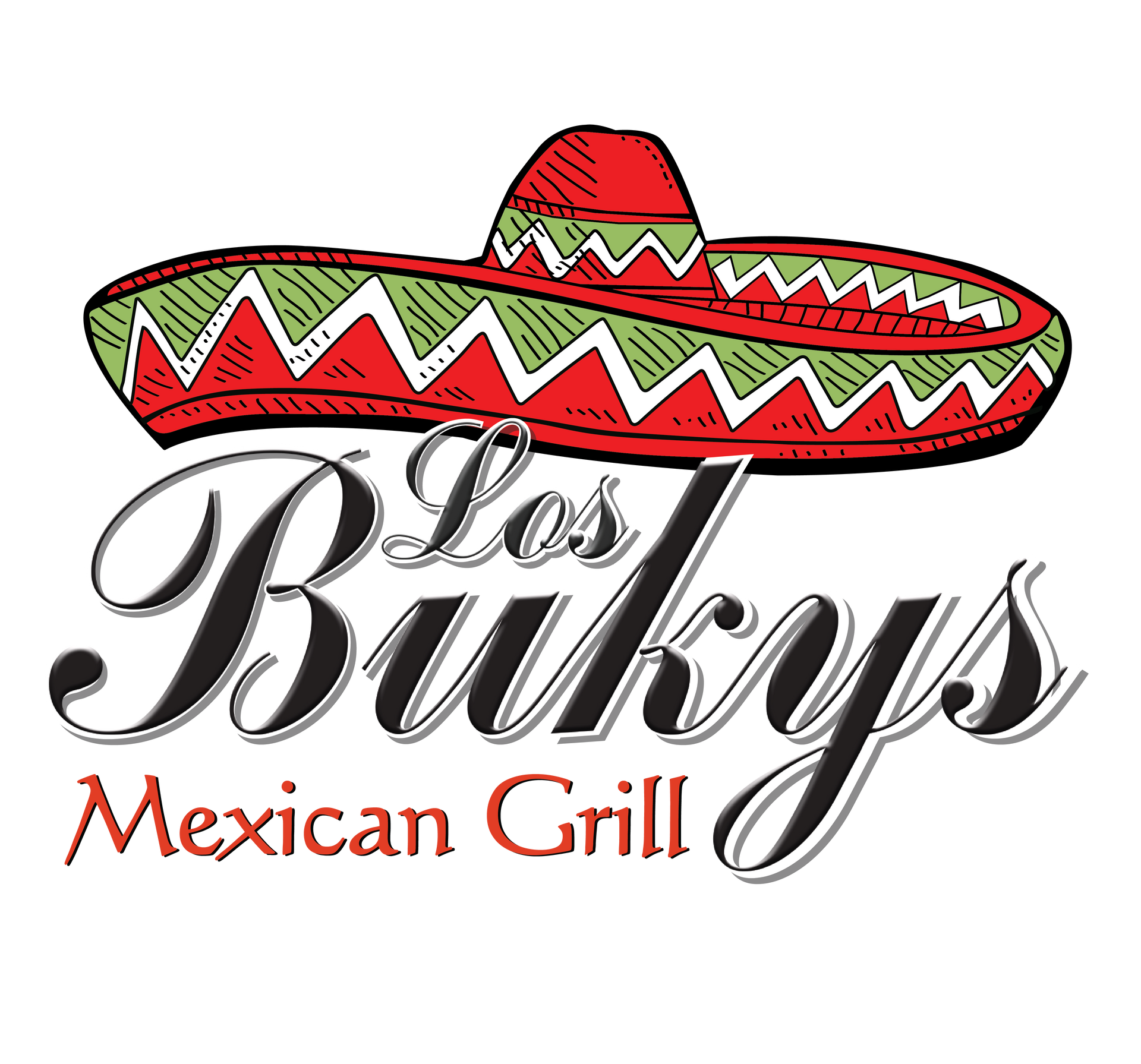 Los Buky’s Mexican Grill logo with red and green sombrero above stylized black and red text