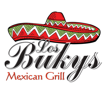 Los Buky’s Mexican Grill logo with red and green sombrero above stylized black and red text