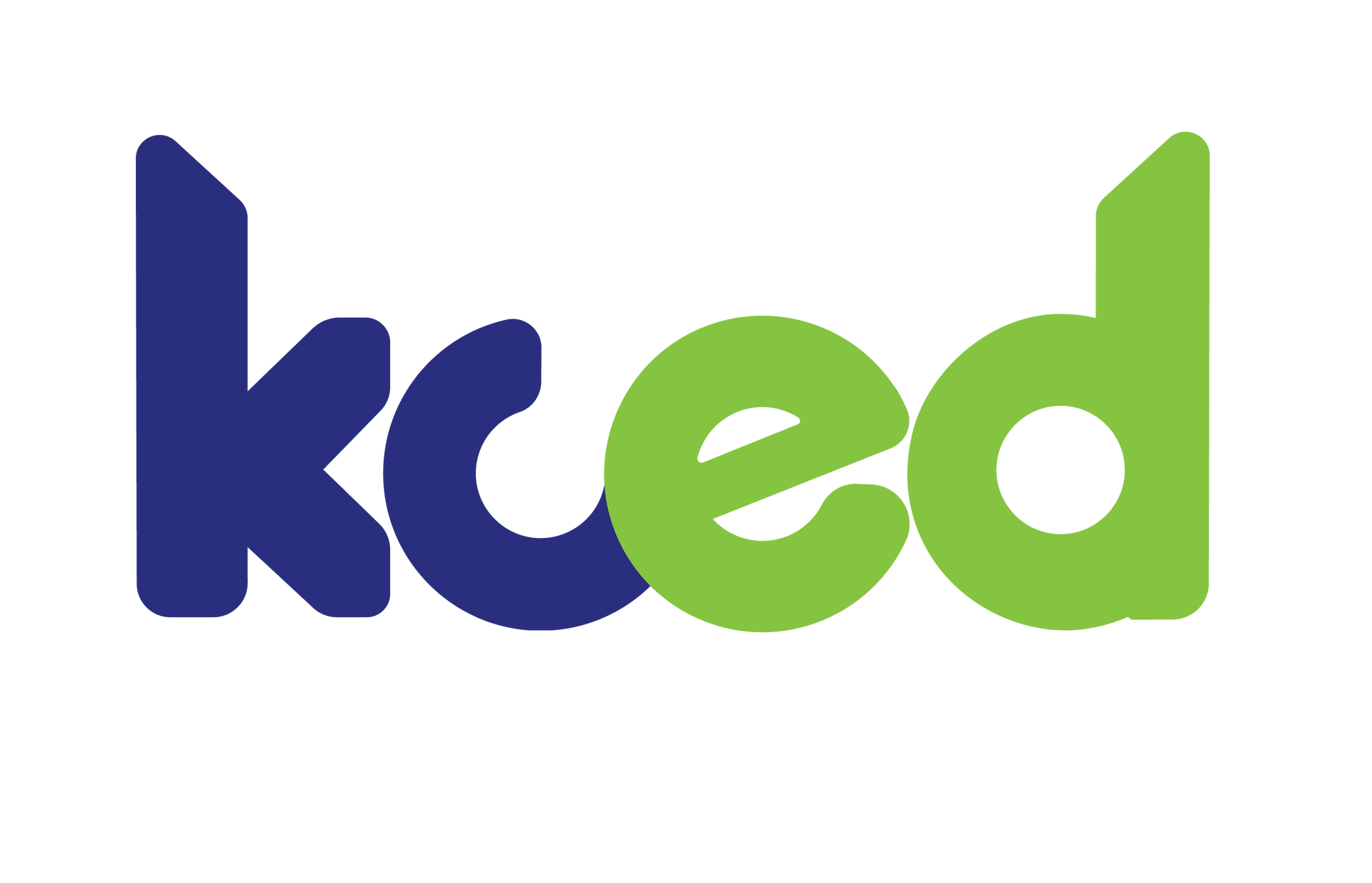 Stylized lowercase “kced” logo in blue and green on a white background