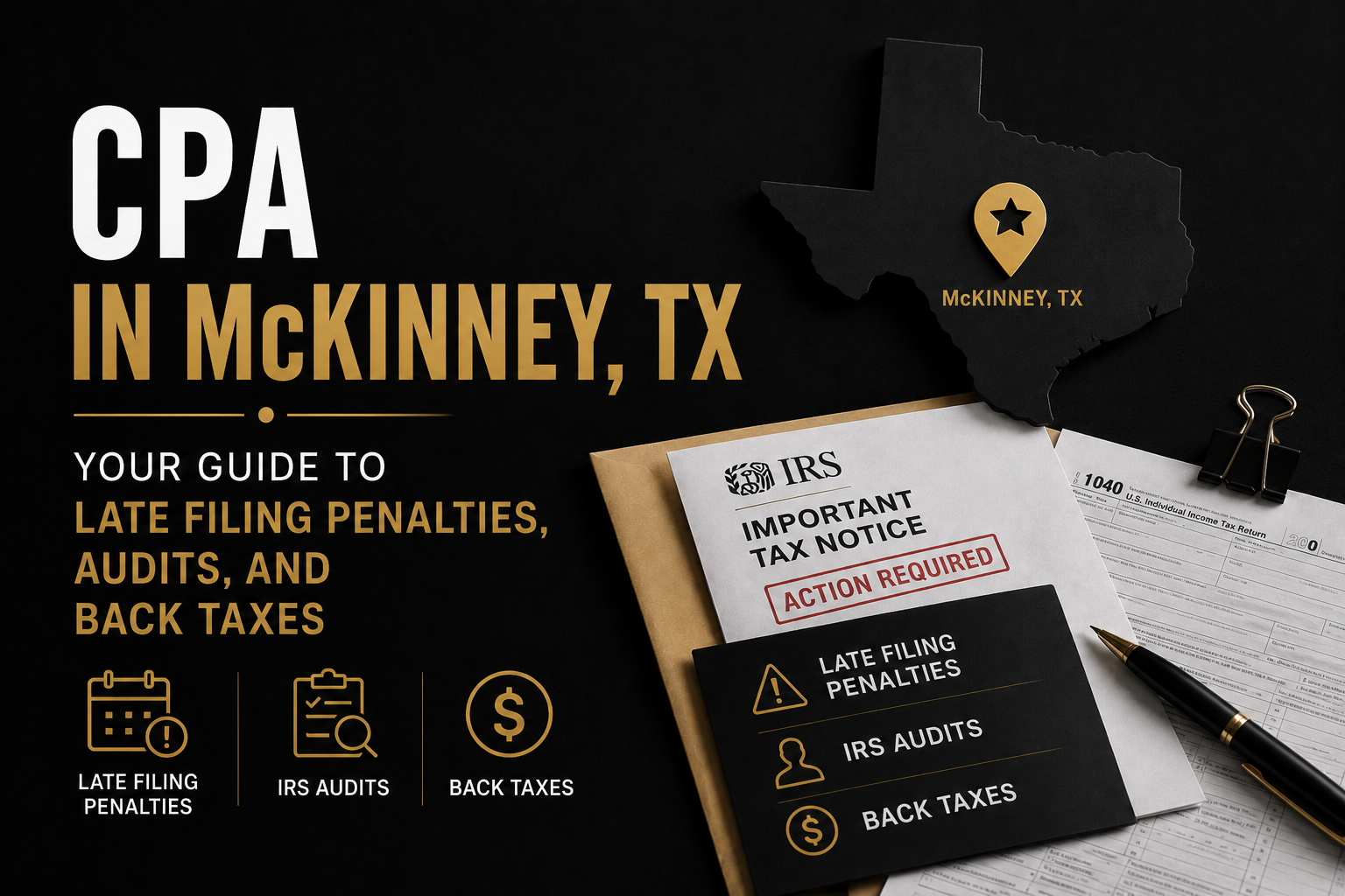 CPA in McKinney, TX legal services ad with Texas map, clipboard, and black-and-gold design