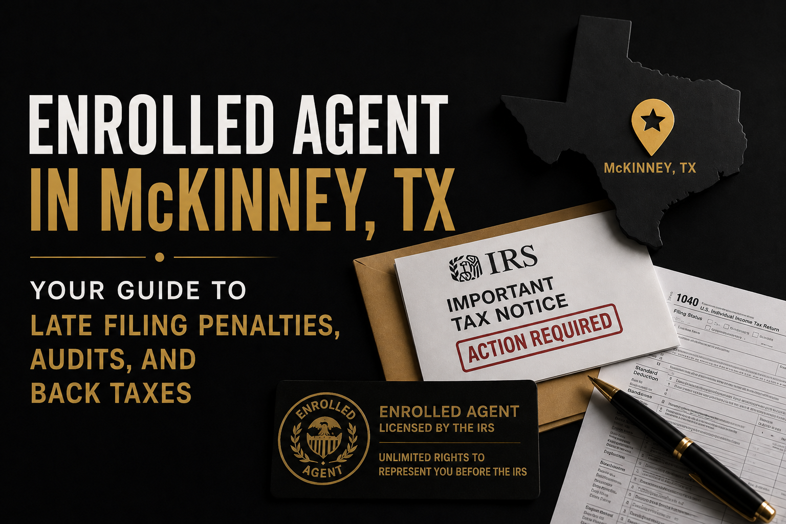 Enrolled agent services in McKinney, TX with IRS audit and back tax help on a dark promotional flyer