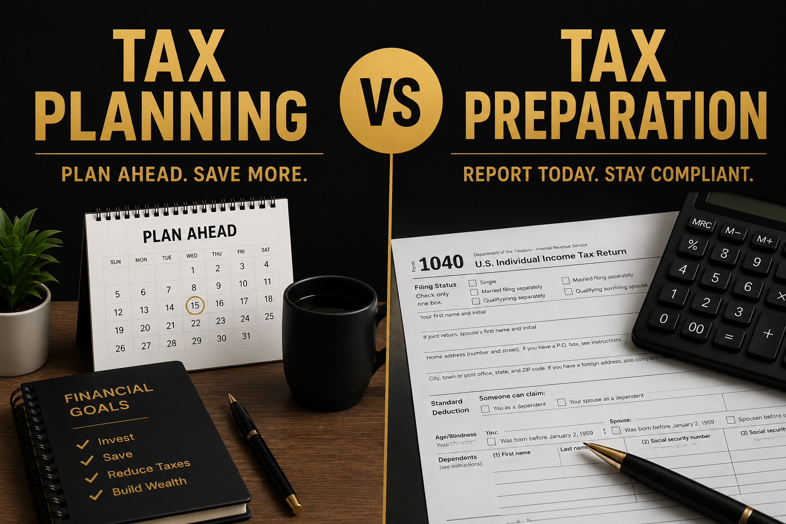Tax planning vs tax preparation graphic with desk, calendar, notebook, and tax form