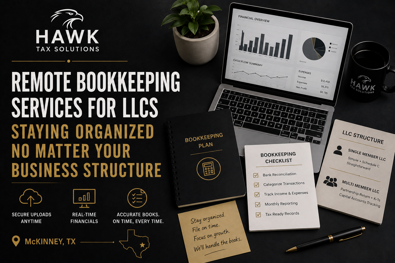 Remote bookkeeping services flyer with laptop, documents, and coffee on a dark desk, promoting LLC support