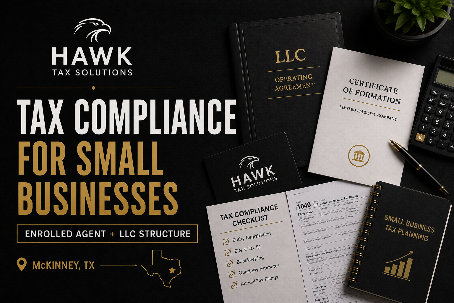 Tax compliance promo for small businesses, with paperwork and branded documents on a dark desk