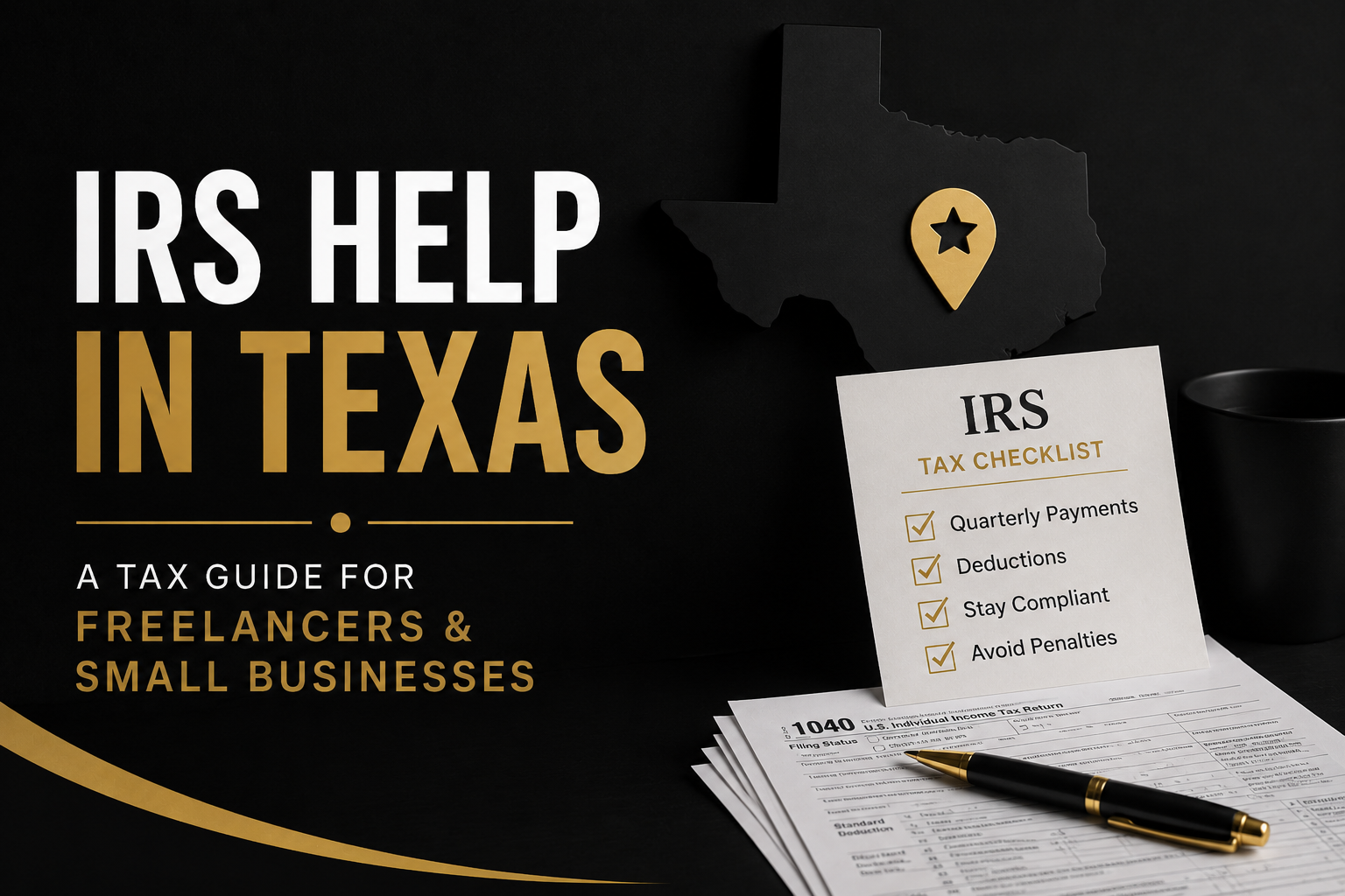 IRS help in Texas tax guide for freelancers and small businesses, with Texas map and IRS paperwork on dark background