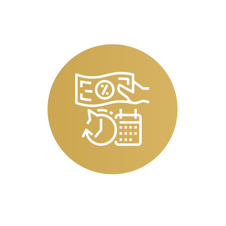 a line drawing of a dollar bill , calendar , and clock in a gold circle .