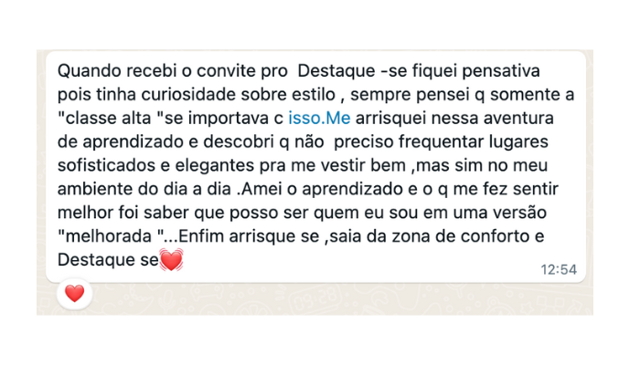 Uma captura de tela de uma mensagem de texto depoimento de mulher que participou do destaque