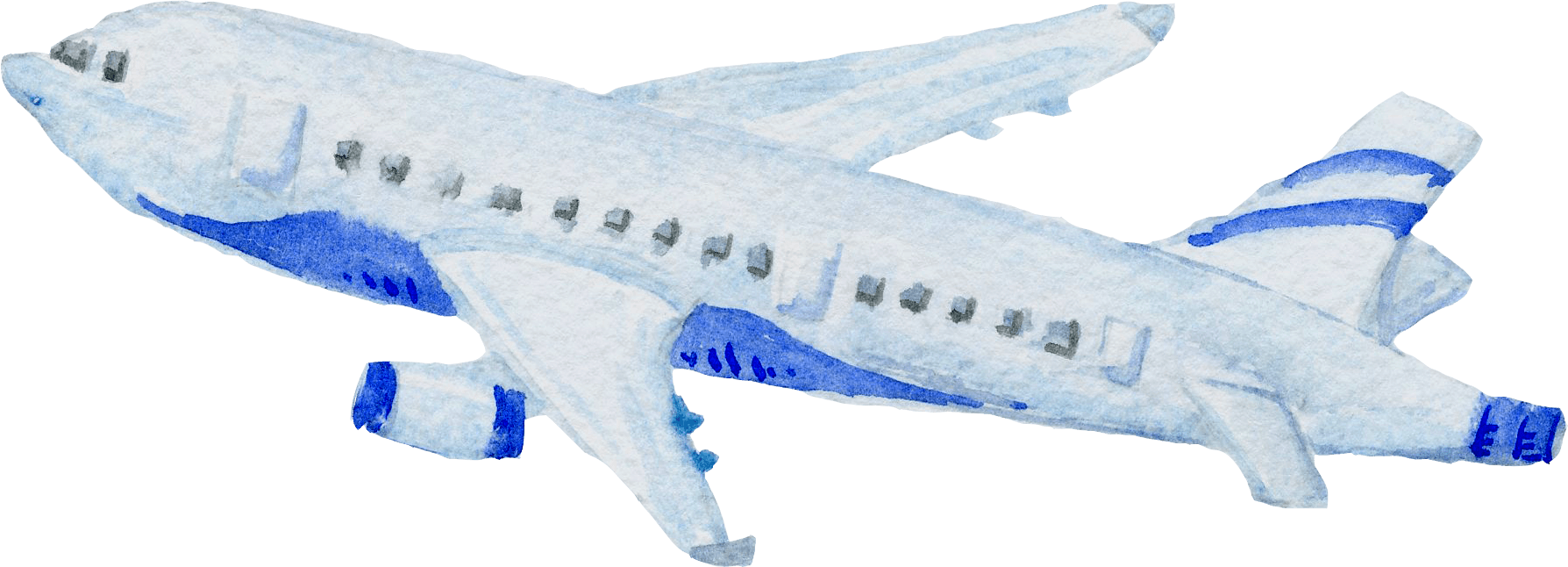 Um avião azul e branco está voando no céu.