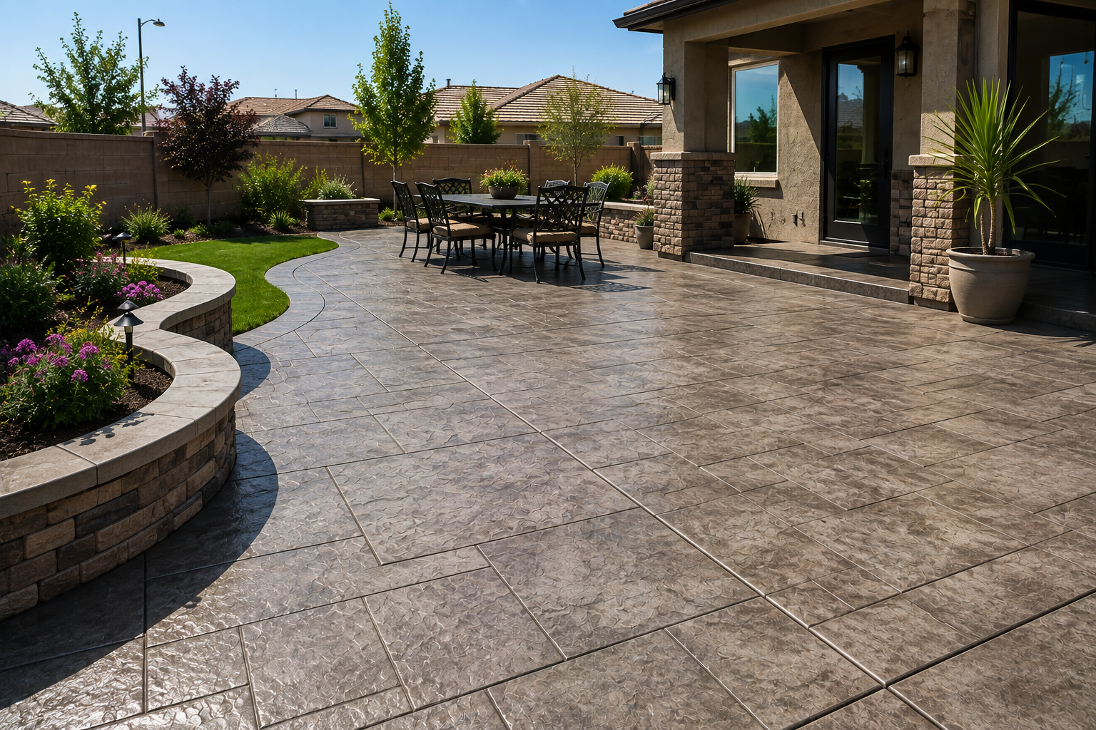 A house with a stamped concrete patio