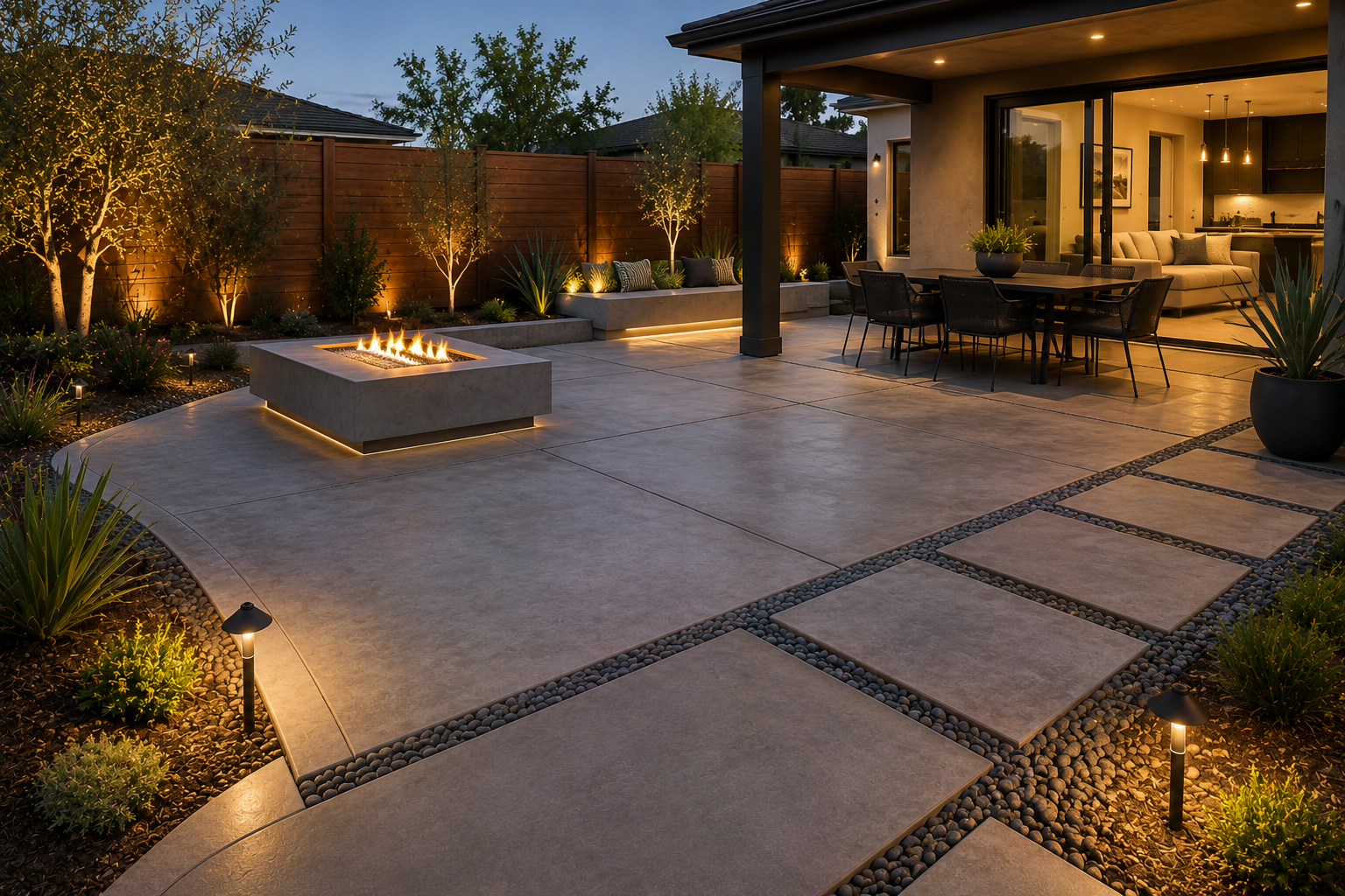 A lit concrete patio with a table and an open fireplace