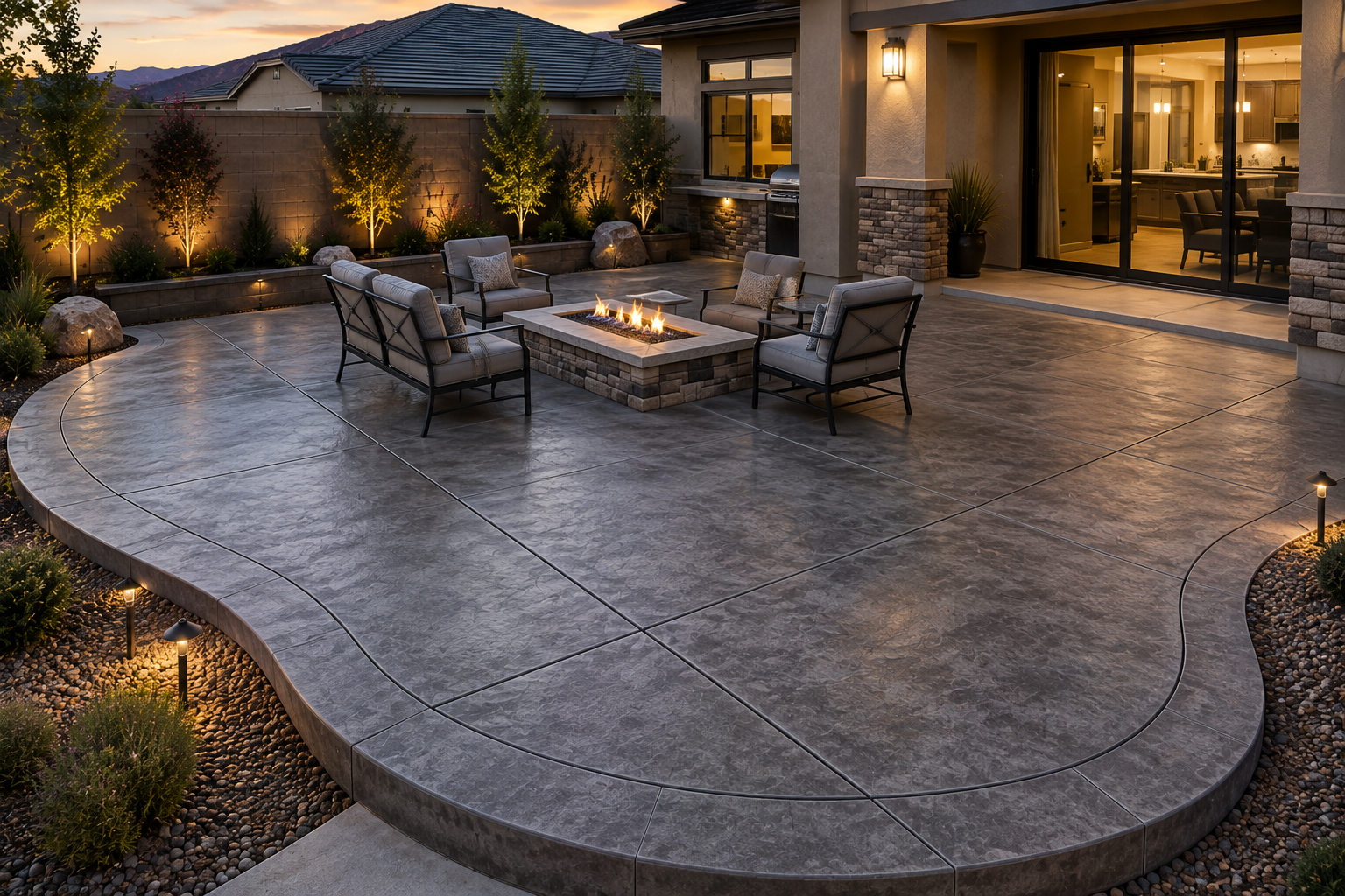 A rounded and stained concrete patio in the evening