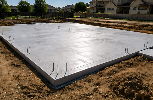 A cured concrete foundation slab