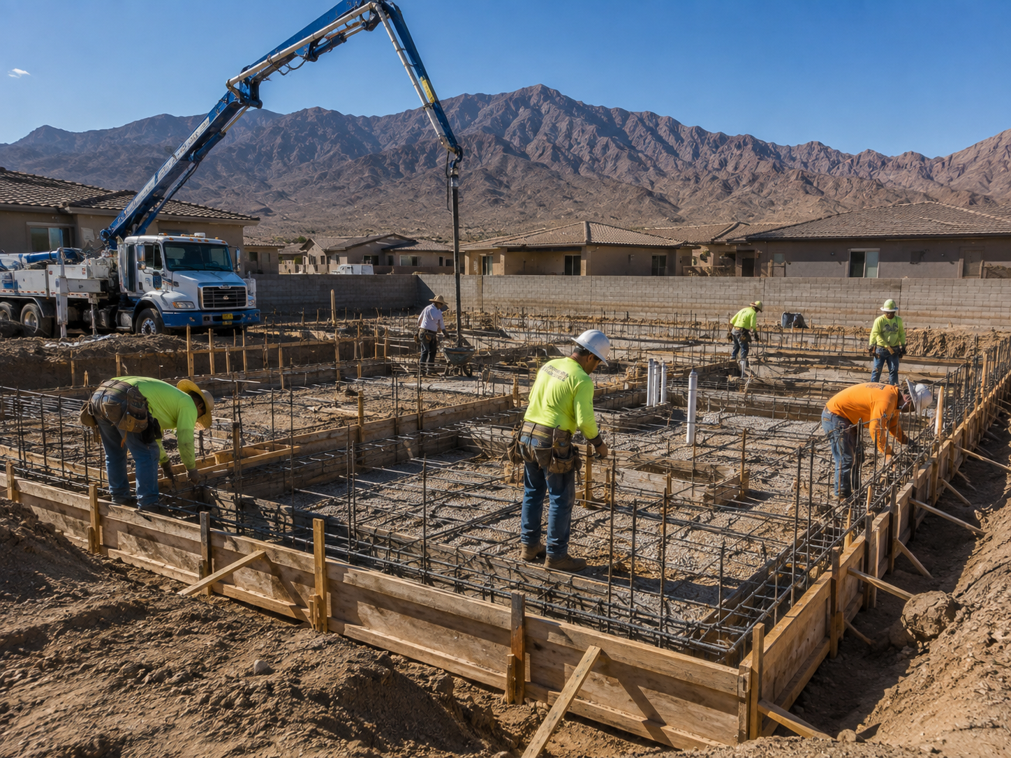 A crew of men pouring a new sidewalk