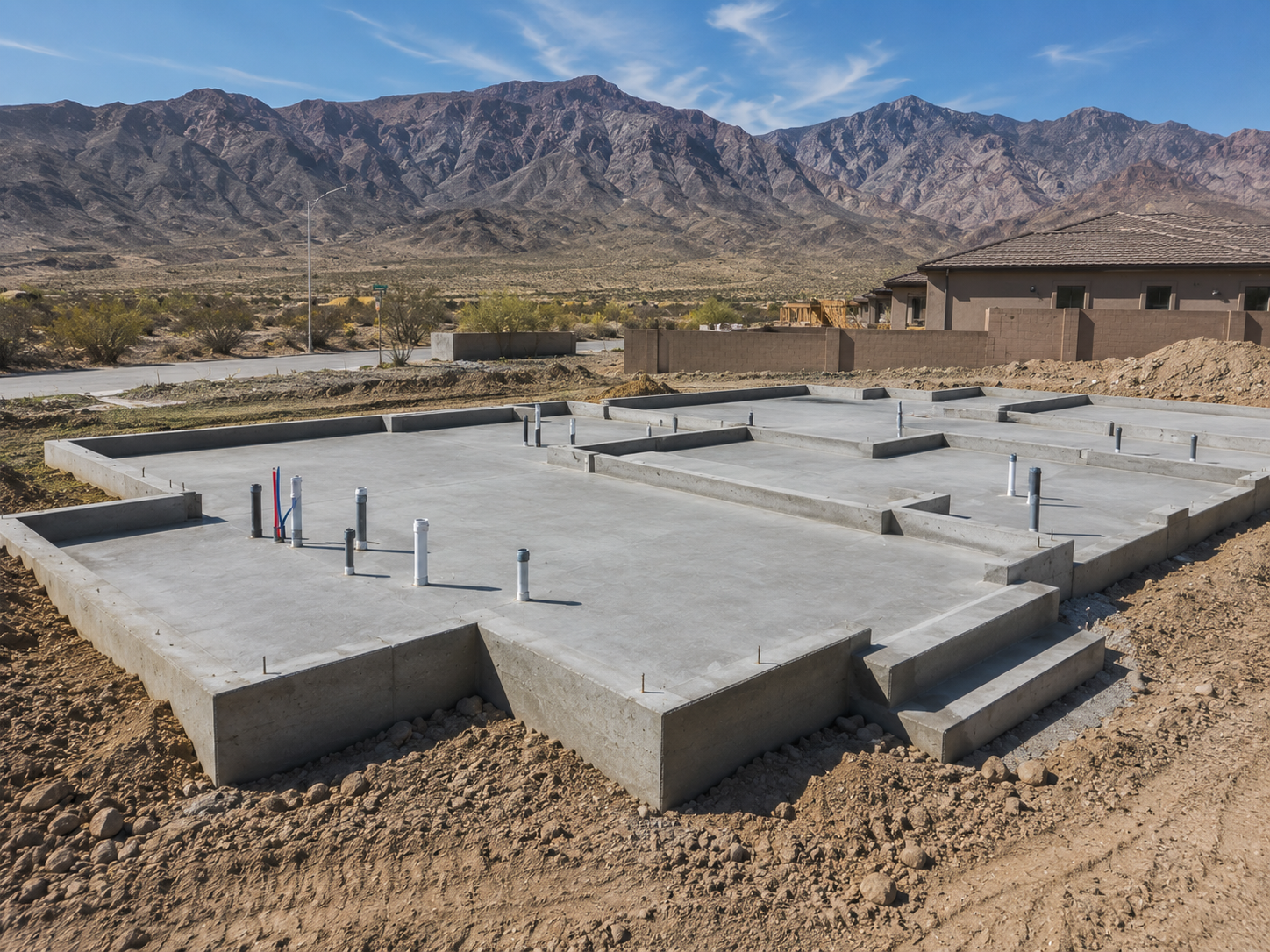 A construction site with recently poured concrete foundation