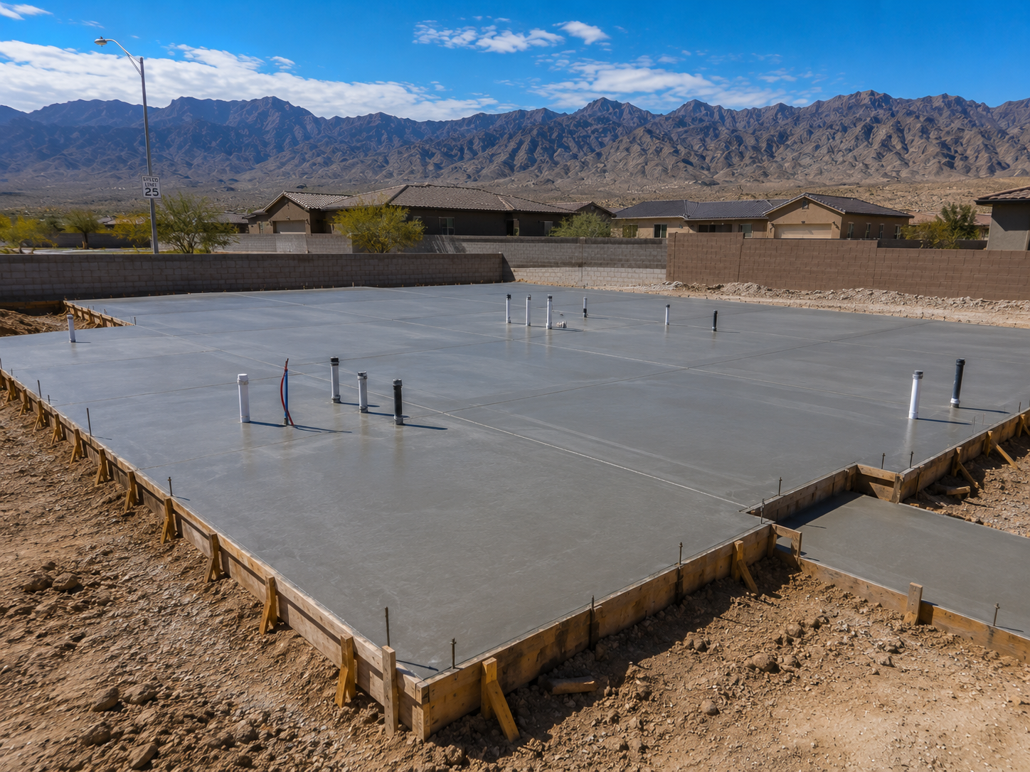 A freshly poured and troweled concrete foundation