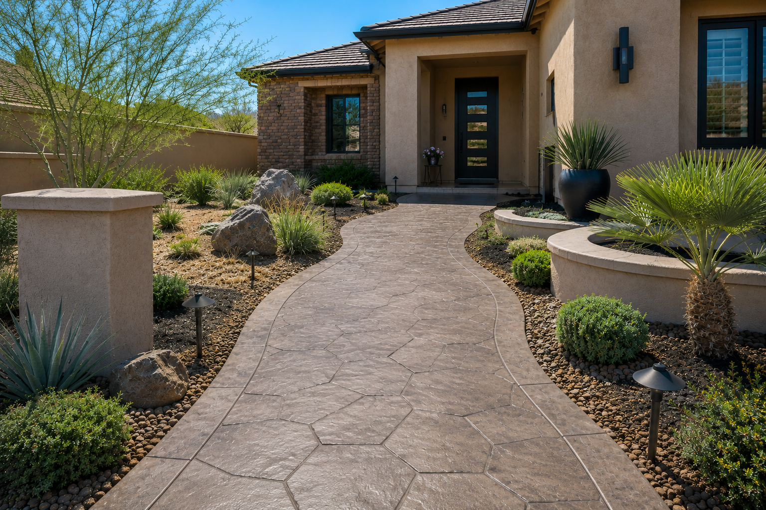 A curving stamped concrete sidewalk leading to a residence