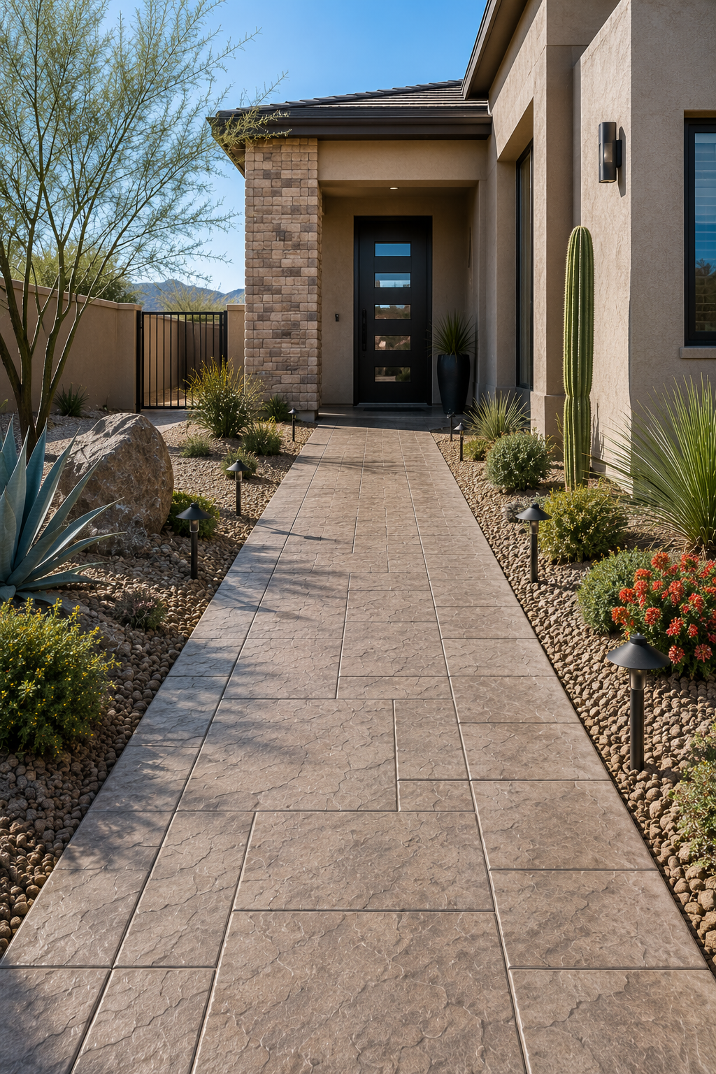 A straight concrete sidewalk with a stone pave stamping
