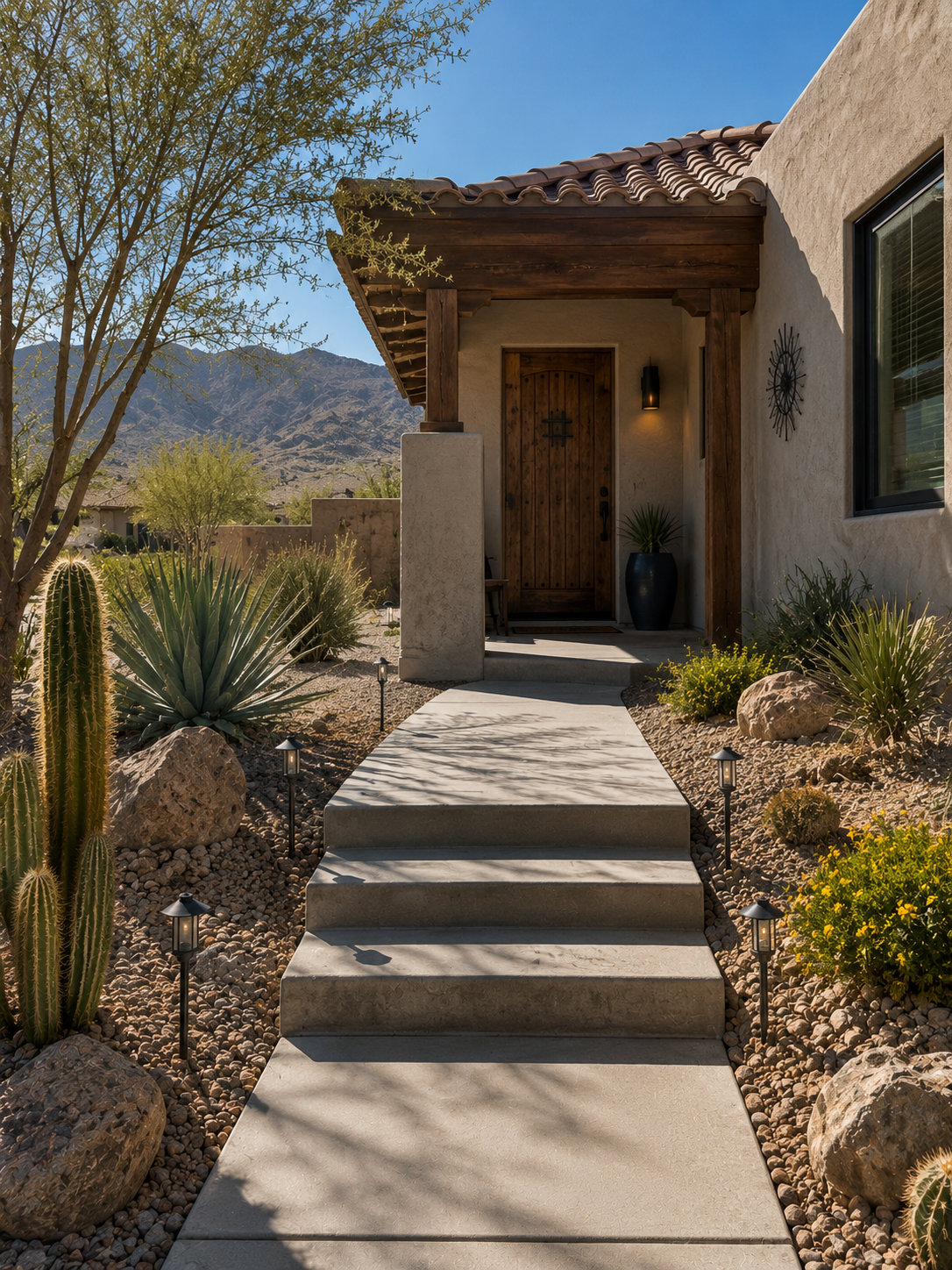 A sidewalk with steps leading to a house