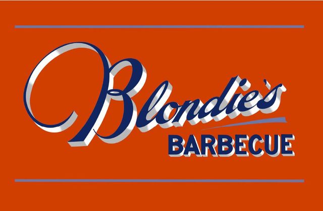 Blondie’s Barbecue logo in white and navy on an orange background with thin blue lines