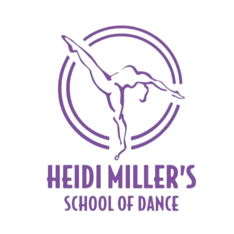 Purple logo of a dancer in a circle with text “Heidi Miller’s School of Dance”