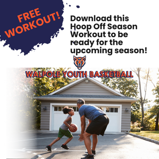 Youth basketball workout ad with coach and child practicing on a driveway, promoting a free offseason hoop workout.