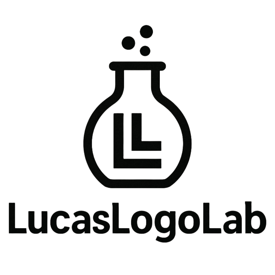 Black LucasLogoLab logo with a laboratory flask and stylized “L” inside