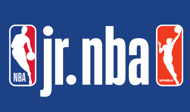 NBA Jr. NBA logo on blue background with white text and NBA/WNBA icons on both sides