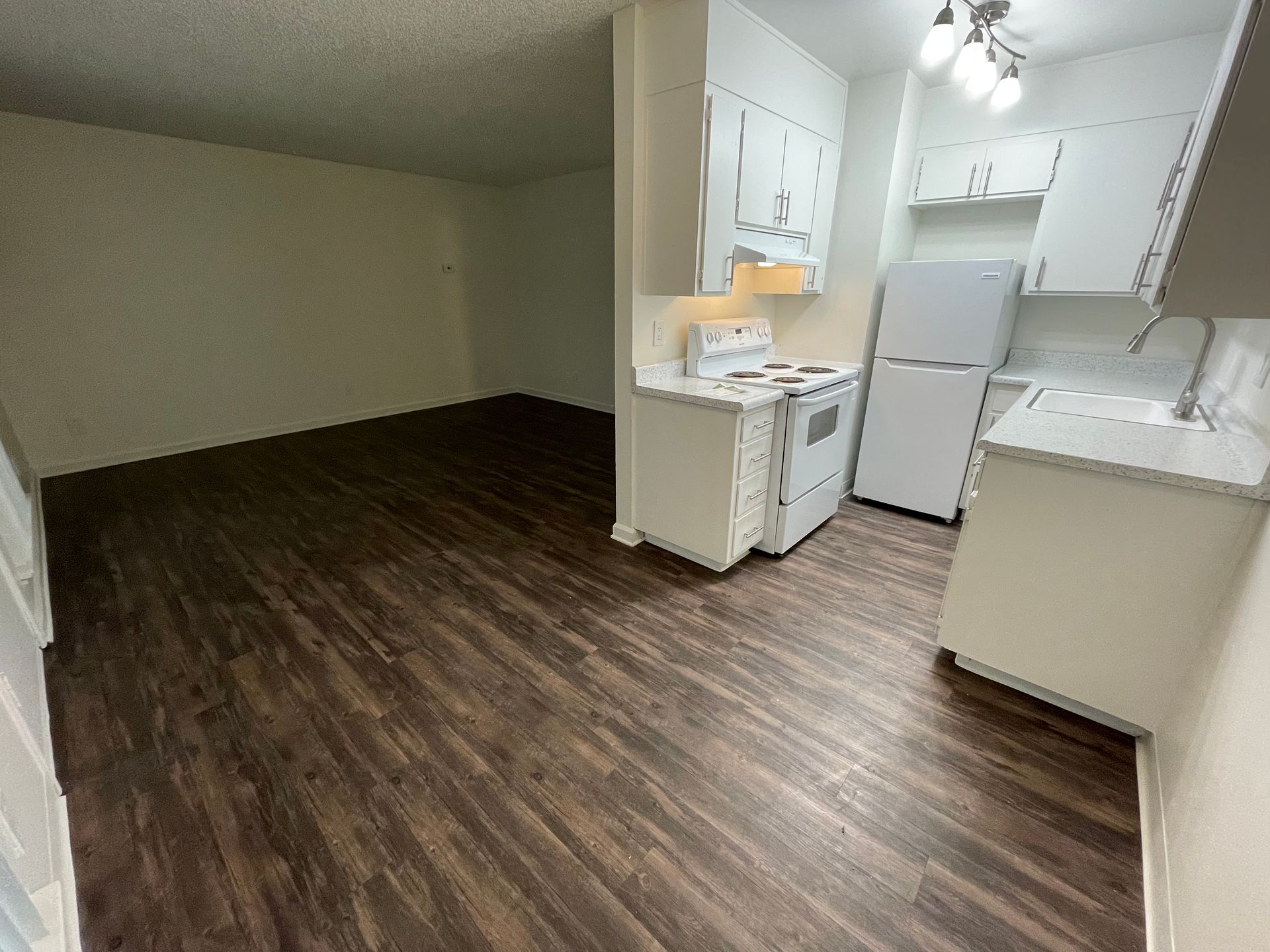 Empty kitchen with white cabinets and appliances, dark wood floor, and a large open living area.