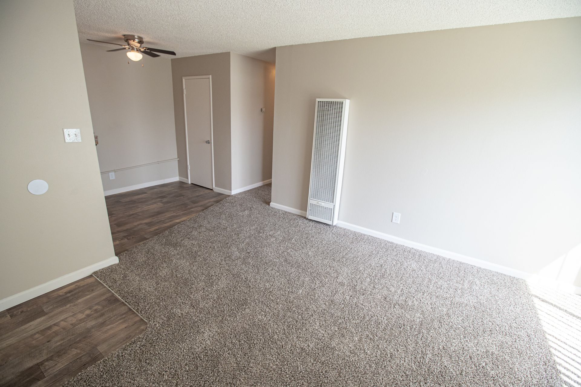 Empty beige living room with carpet, ceiling fan, and leaning mirror by the wall