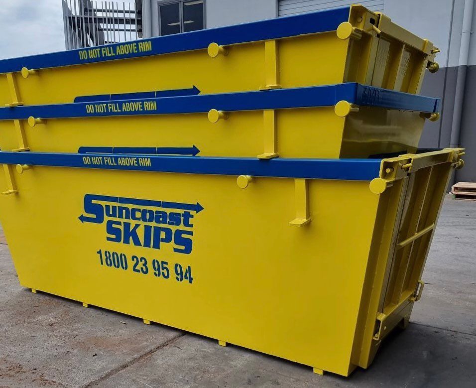 A Yellow skip bin That Says Suncoast Skips on It — Suncoast Skips in Coolum Beach, QLD