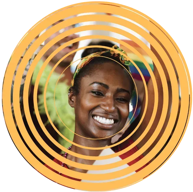 A woman is smiling in a white circle