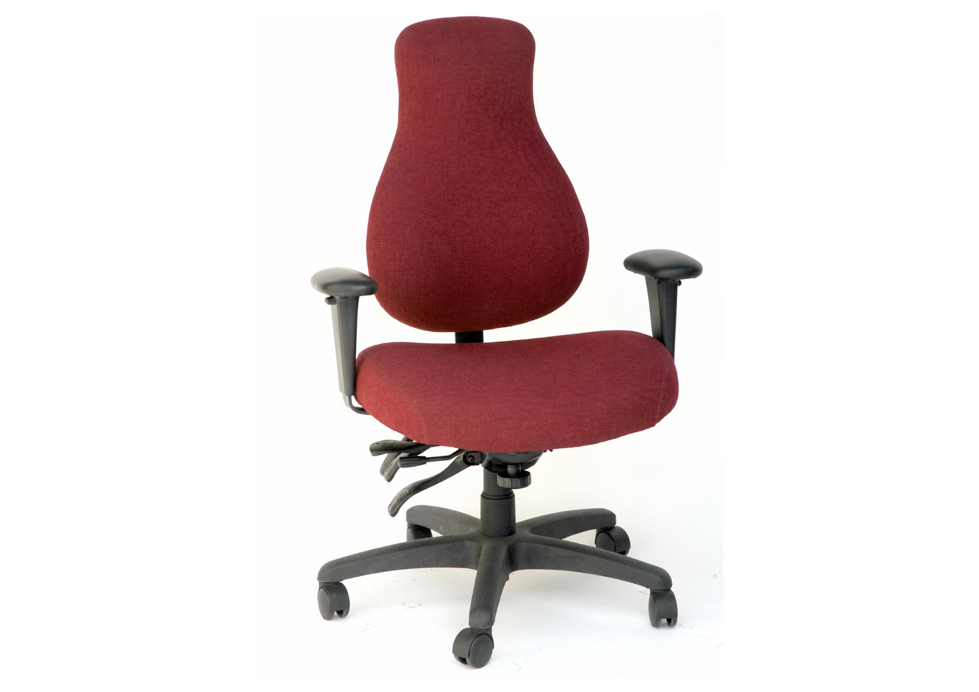Red office chair with gray armrests and black base on a white background