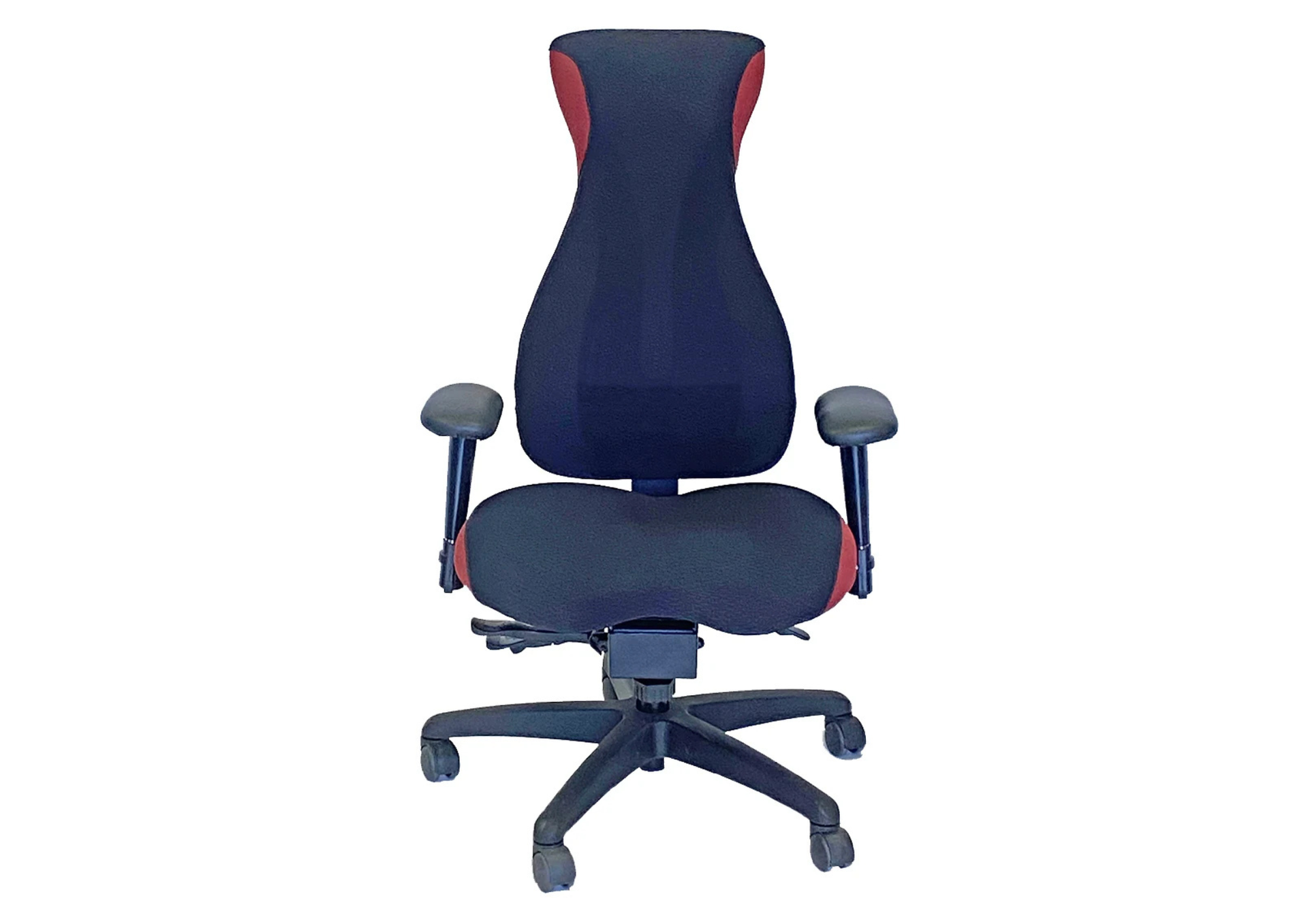 Blue ergonomic office chair with headrest, armrests, and five-star wheeled base