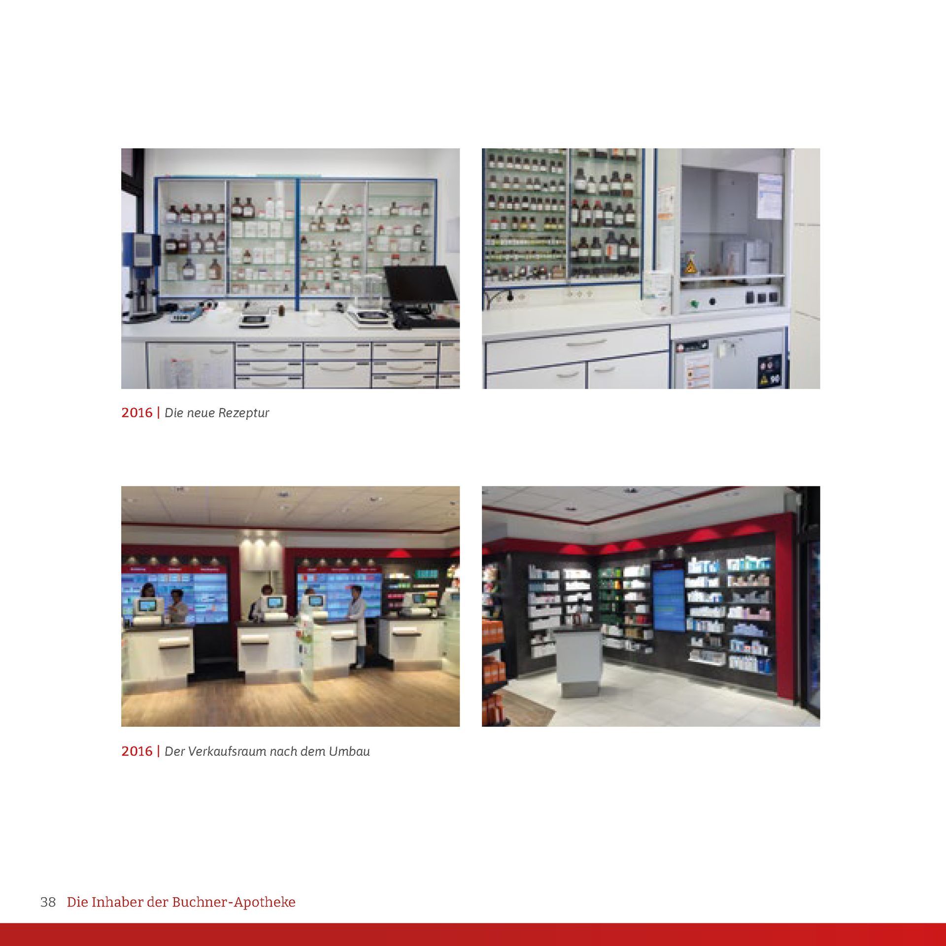 Vier Bilder einer Apotheke inklusive Theke und Regalen