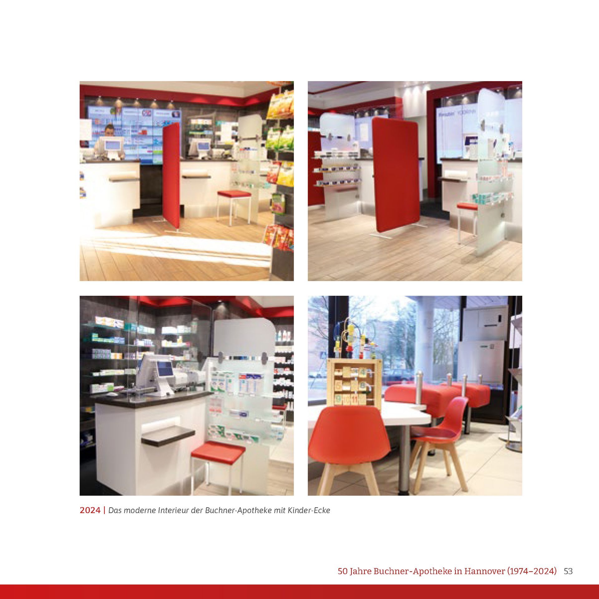 Vier Bilder einer Apotheke mit roten Stühlen