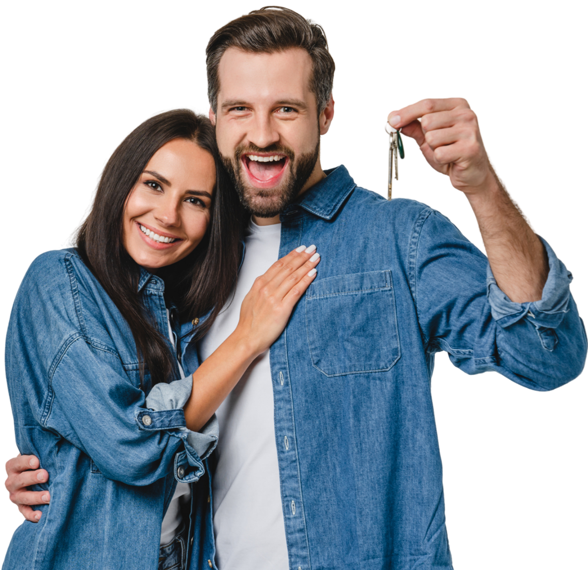 A man and woman are posing for a picture and the man is holding a key.