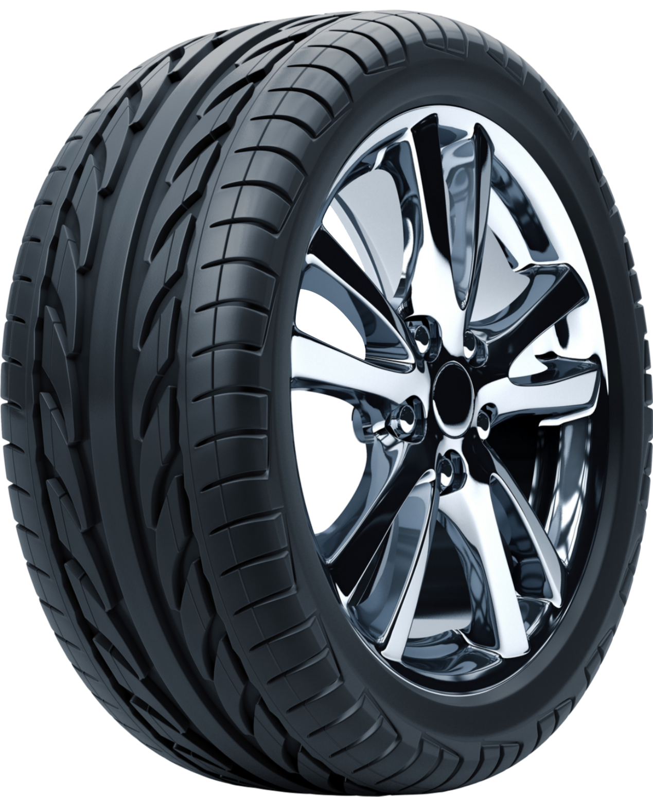 A black tire with a chrome rim on a white background