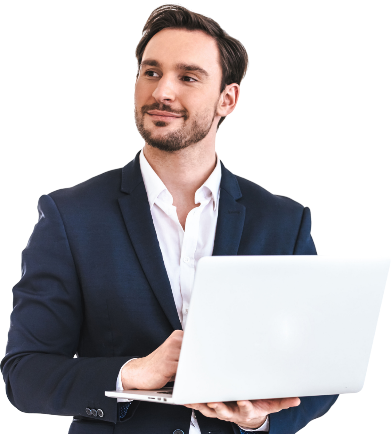 A man in a suit is holding a laptop computer.