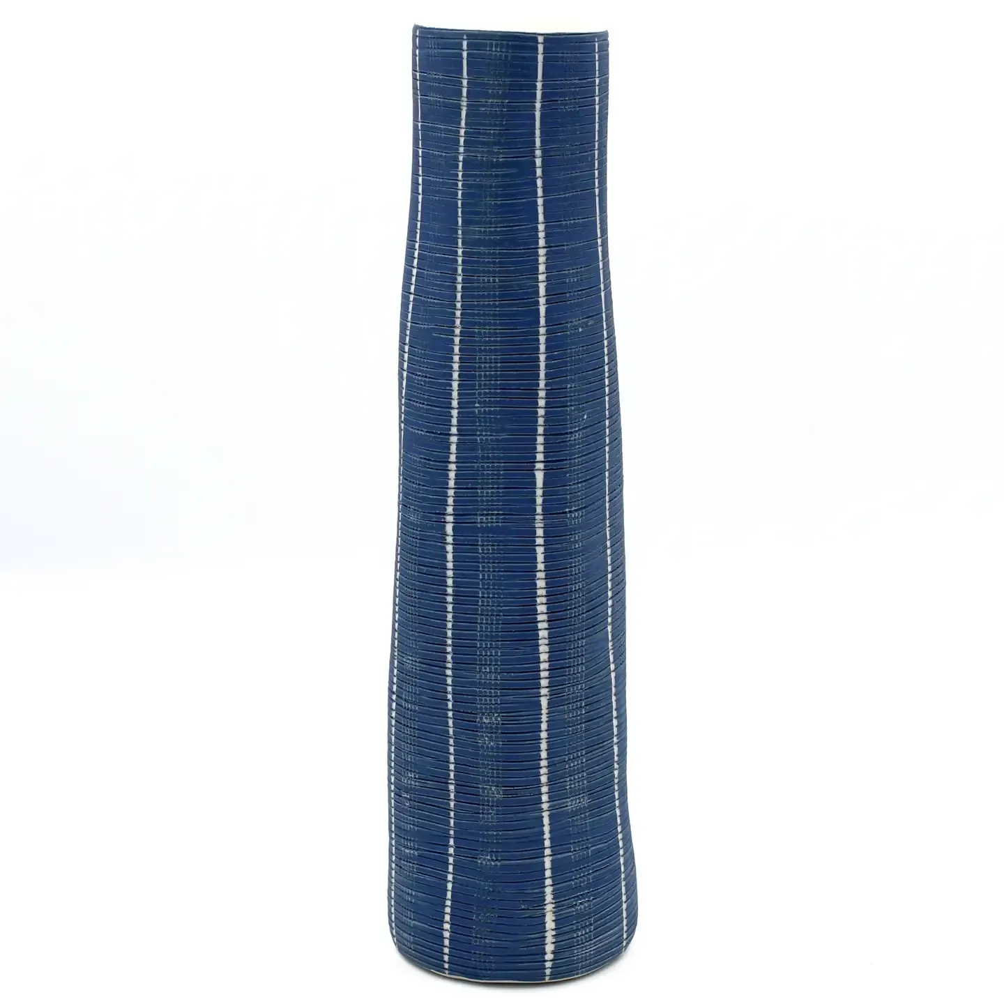 Tall blue striped woven vase on a white background