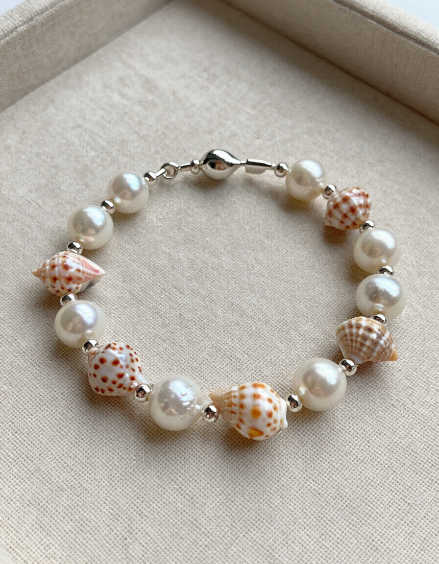 Coastal charm bracelet with seashells and pearls