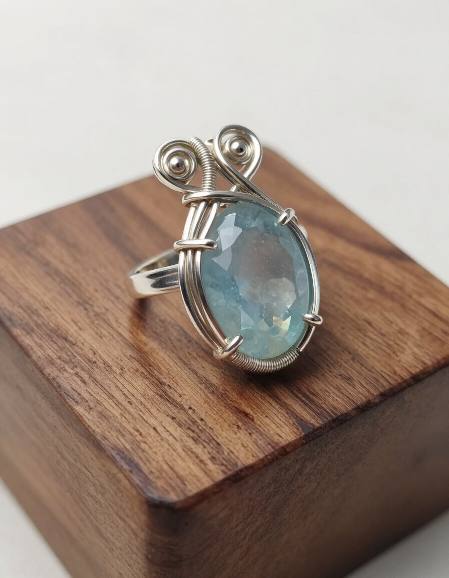 Wire wrapped gemstone ring at a boutique jewelry stand