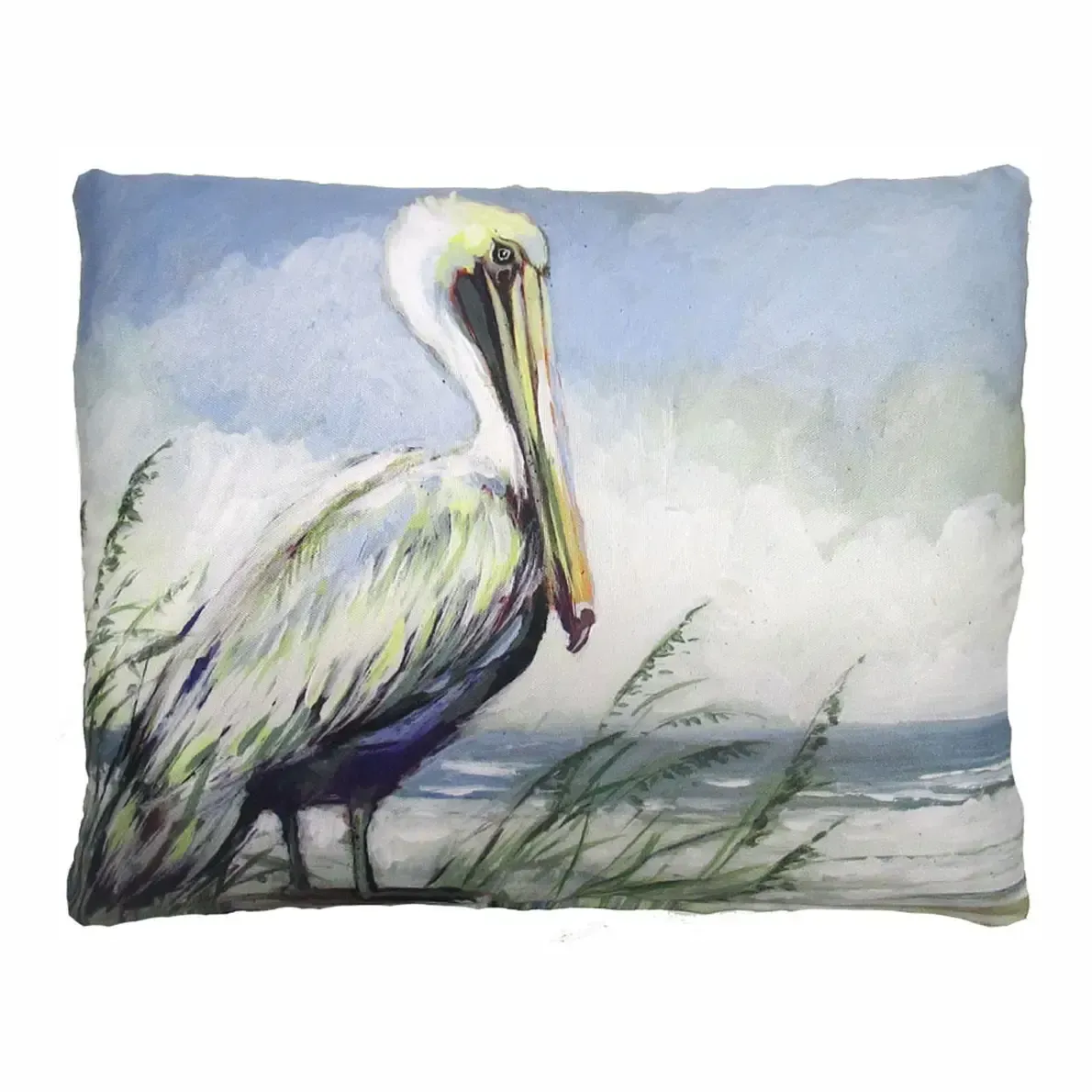 Watercolor pelican standing by the shore with blue sky and sea